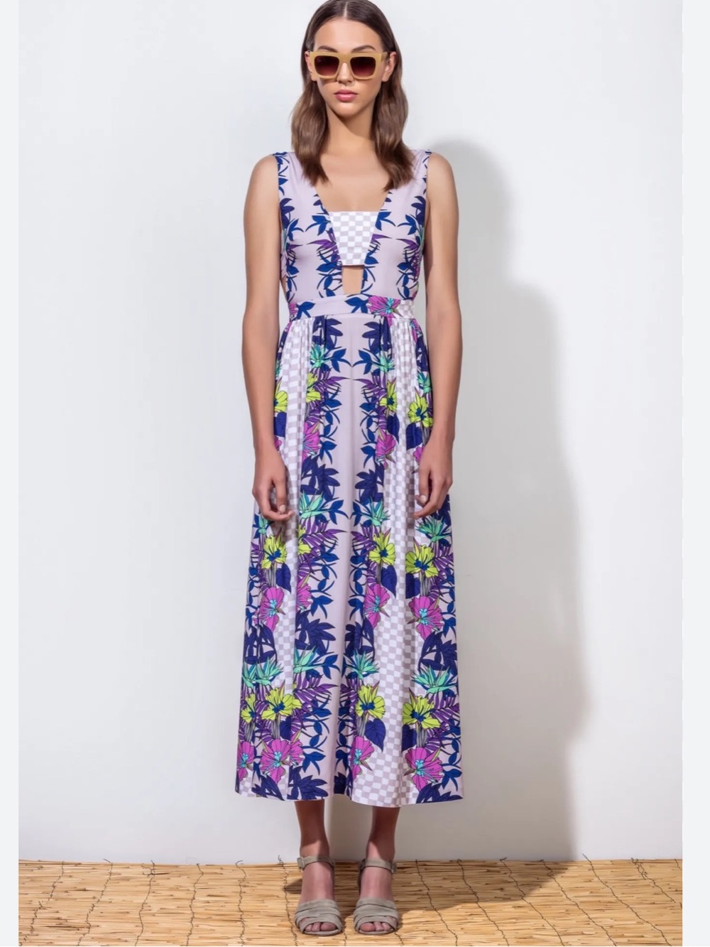 Mara Hoffman Deep V Jardin Midi Dress in a colorful floral and black check print